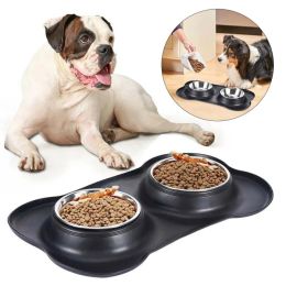 Feeding Stainless Steel Dog Bowls Antislip Double Dog Bowl with Silicone Mat Water Food Feeder Pet Feeding Drinking Bowls for Dogs Cats