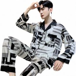 high Quality Satin Printed Pyjamas Set Men's Nightwear Ice Silk Lg Sleeve Loose Thin Teen Home Clothing Wear Suit Male Pyjama X37h#
