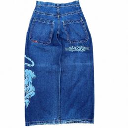 jnco Jeans Y2K Harajuku Hip Hop Tiger Graphic Gothic Retro Blue Baggy Jeans Denim Pants Men Women Gothic High Waist Wide Trouser o1FB#