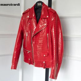 Mauroicardi Spring Red Pattern Faux Leather Biker Jacket Long Sleeve Zipper Plus Size Designer Men Clothing 4xl 5xl 240305