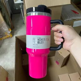2024 New Electric Pink 40OZ Tumbler With Logo - Neon Orange Yellow Green Colors Available Stainless Steel Travel Cups With Silicone Handle Lid and Straw USPS Shipping