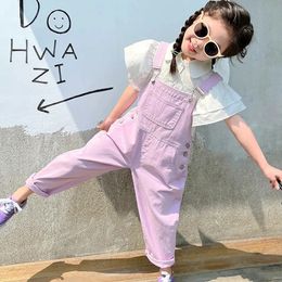 Fantasy purple Girls Overalls Middle Big Childrens Loose Casual Cropped Pants Summer Thin Suspenders 240307