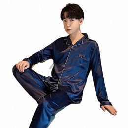 spring Men Lg Sleeve Pyjamas Set Solid Satin Homewear Silk Man Sleepwear Suit Casual Turn-Down Collar Pyjamas Male Sleep Tops N684#