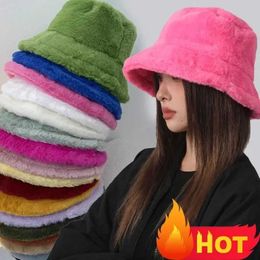 Bucket Hats Winter Rabbit Plush Fisherman Hat Colorful Girl Fashion Bucket Hat Warm Windproof Wide Brown Womens Artist HatC24326