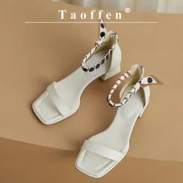 Sandals Taoffen Casual Women's Street Style One Word Belt Summer Concise Riband Square Heel Female Open Toe Zipper Shoes