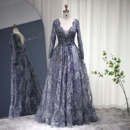 Arabic Sharon Long Said Elegant Sleeve Evening Dress V-Neck Dubai Crystal Muslim Plus Size Women Wedding Party Gown Ss050