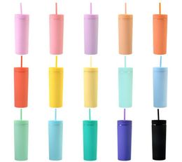 16oz 16 Colours Acrylic Skinny Tumbler With Lid Straws Plastic Double Wall Milk Coffee Cups Matte Candy Colour Slim Cup Water Bottle7499952