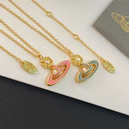 2023 Autumn New High Edition Western Empress Dowager All Copper Plated K-Gold Inlaid Diamond Drip Oil Saturn Necklace INS Niche
