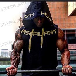Men's T-Shirts Mens tank top gym attire strapless hoodie cotton tank top single piece mens jogging tank top fitness and leisure clothing T240325