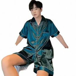 shirt+shorts Silk Sets Satin Solid Pajama 2pcs Sleepwear Clothes Men Home Ice Casual Sleeve Summer Short Thin Color Male Suit o9Pe#