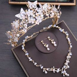 Earrings Necklace Luxury Crystal Beads Pearl Butterfly Clothing Jewelry Set Flower Water Diamond Necklace Earrings Headwear Wedding Jewelry Set L240323