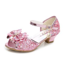 Girls Sandals Rhinestone Butterfly Latin Dance Kids Shoes Children High Heel Princess Shoes Glitter Leather Party Dress Wedding 240312