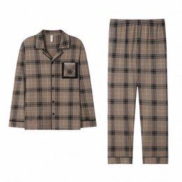 2024 Fi Autumn Letter Print Pyjamas Sets For Men Plaid Pants Pure Cott Male Sleepwear Homewear Lounge Nightwear Plus Size W4PJ#