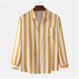 Mens Casual Shirts Yellow Vertical Striped Shirt Men 2023 Brand Regar-Fit Long Sleeve Elastic Button Up For Male 2Xl Drop Delivery App Otrne