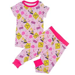 Fashion Style Pink Girl 2pcs Sets Traffic Signs Short Sleeves and Long Pants Kids Pajama Summer Clothes 240325