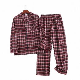 man's Home Suit Cott Pajamas Nightie Plaid Print Butt Soft and Comfortable Sleepwear Lg Sleeve Tops and Trousers Pyjamas j8Nq#