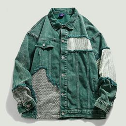 Hip Hop Distressed Denim Jacket Men Vintage Harajuku Patchwork Cowboy Coats Streetwear Casual Loose Varsity Jackets Unisex Green 240314