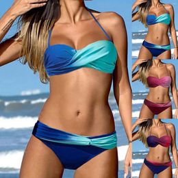 Women's Swimwear Gradient Print Bikini Set Vintage Ruched Swimsuit Two Piece Swimwears Low Waist Shorts And Top Summer Beachwear Bathing