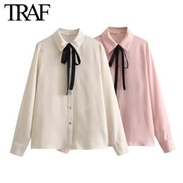 TRAF Women Fashion Spring Long Sleeve Lapel Bow Blouse Street Clothing Satin White Shirt Chic Ladies Tops Mujer 240326