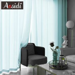 Curtains Thick Blue Semi Sheer Tulle Curtains for Living Room Window Treament Bedroom Solid Soft Crushed Voile Curtains Drapes Cortina