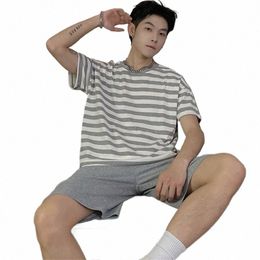 mens Pyjamas Grey Striped Casual Soft Sleepwear Loose Breath Pyjama Sets Sleep&Lounge Pyjamas Summer Comfort Homewear Clothes n4V1#