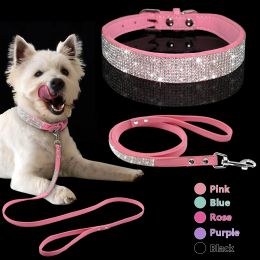 Sets Adjustable Suede Leather Puppy Dog Collar Leash Set Soft Rhinestone Small Medium Dogs Cats Collars Walking Leashes Pink XS S M