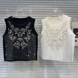 Women's Tanks 2024 Spring And Summer Classic Style Heavy Industry Pearl Beaded Rhinestone Pattern Girl Knitted Vest For Women Tank Top