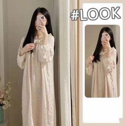 Women's Sleepwear Girls Floral Long Sleeved Pyjamas 2024 Spring Autumn Lacework Nightgown Sweet Lace Nightdress Round Neck Mid