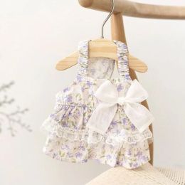 Dresses Pet Dog Clothes Floral Suspender Dress for Dogs Clothing Cat Small Bowknot Lace Lacework Princess Skirt Summer Thin Purple Girl