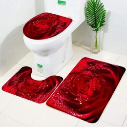 Mats Red Rose Bath Mat Set Fresh Flowers with Dewdrops Nonslip Toilet Lid Foot Rug Floor Mat Carpet Anti Slip Bathroom Accessory Set