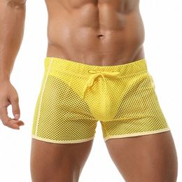 sexy Mens Mesh Transparent Casual Shorts Loose Quick-Dry Beach Swim Trunks Breathable Lounge Home Shorts Hollow Out Loungewear I2Xe#