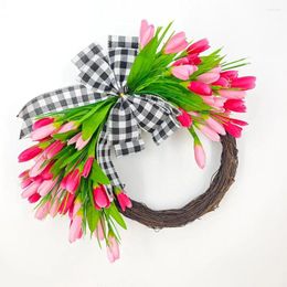 Decorative Flowers Garden Hanging Ornament Spring Floral Plaid Bowknot Door Wreath For Home Decor Ornaments Artificial
