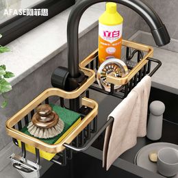 Kitchen Faucet Storage Rack, Gold Perforated Space Aluminum Water Pool, Sponge Cloth, Drain Basket