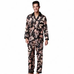ssh004 High Quality Printed Wedding Mens Pyjamas Satin Silk Nightgown Sleepwear Spring Autumn Male Full Sleeves Pants Pyjama Set s7JT#