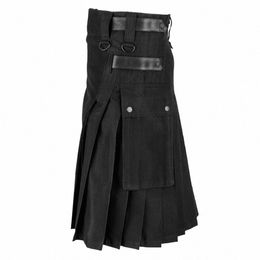 mens Scottish Tartan Kilt Black Vintage Skirt Steampunk Clothing 2 Pocket Casual Autumn Scotland Men Clothing Trousers Skirts Y6KY#