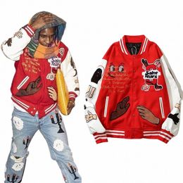 high Street Colour Block Graffiti Embroidery Baseball Jacket Mens Leather Sleeve Woollen Patchwork Stand Oversized Winter Coats M7wY#