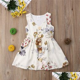 Clothing Sets Ins Baby Girls Princess Dress Summer Sleeveless Tank Dresses Floral Toddler Skirt Button Decor Kids Party Wear Birthday Dh2Lg