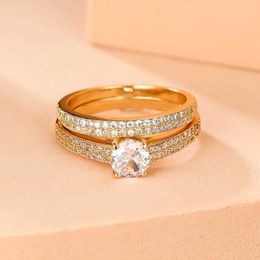 Band Rings Luxury Bride Set Round Stone Ring Womens Black Gold White Zircon Wedding Ring Promise Engagement Ring Set Jewelry J240326