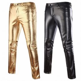 mens Skinny Shiny Gold Sier Black PU Leather Pants Motorcycle Men Nightclub Stage Pants for Singers Dancers Casual Trousers h6hj#