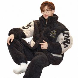 korean Style Men's Winter Pajamas 3-Layer Super Thicken Coral Fleece Plush Warm Sleepwear Fi Plaid Zipper Hooded Pijamas T4gA#