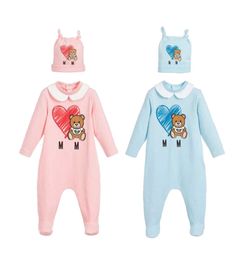 New 2021 Fashion High Quality Newborn Baby Girl Clothes Cotton Print Cute Cartoon Bear New Born Baby Boy Romper and Hat Bibs Set2581864