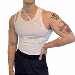 elastic Slim Fit T-shirt Inside Tank Tops Men's Sling Irregular Strap Tight Vest White Inner Wear Sexy Sleevel Tee Genderl 06w7#