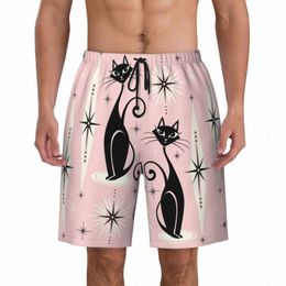 mid Century Meow Retro Atomic Black Cats Swim Trunks Quick Dry Board Shorts Abstract Geometric Swimwear Suits Boardshorts E46d#