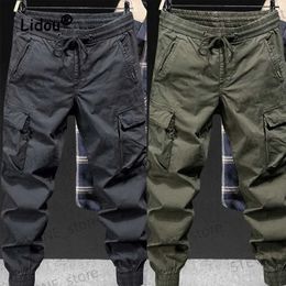 Men's Pants Fashion Solid Color Work Casual Multiple Pockets Mens Cargo Pants Classic Waist Drawcord Pure Cotton Youth Tide Male Trousers T240326