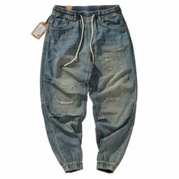 Pantaloni in denim da uomo con vita elastica, jeans Harem larghi con taglio 3D in stile retrò vintage leggero a6N1 #