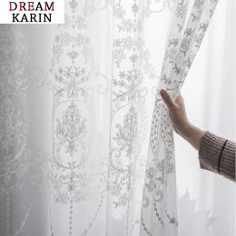 Curtains Dk White Embroidery Screen Sheer Curtains for Living Room Bedroom European Tulle Curtains for Window Voile Door Drapes