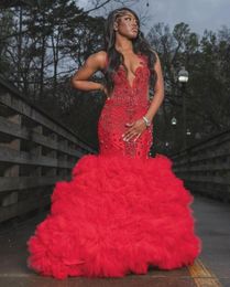 Red Luxury Long Trumpet Evening Birthday Gala Dresses for Black Girl 2024 Sparkly Diamond Crystal Prom Ceremony Dress Ruffles