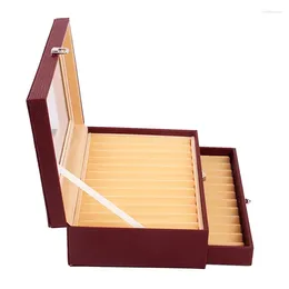 Jewellery Pouches 24 Slots Wooden Pen Display Storage Box Luxury 2 Layer PU Case Fountain Pen-Collector Organiser Wine Red
