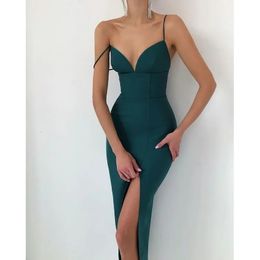 wsevypo Elegant High Slit Midi Bodycon Dres Sexy Spaghetti Straps Corset Dress Gown Club Party Vestidos Backless Clothes 240319