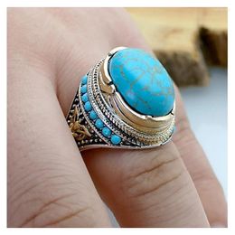 Cluster Rings Fashion Big Oval Natural Turquoises Stone Ring Men Vintage Gold Silver Colour Blue Bead Wedding For Women Punk Boho Jewellery